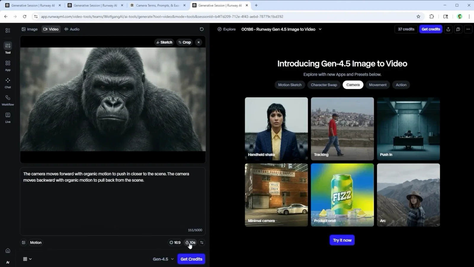 Runway's bottom bar with the Gen-4.5 model dropdown, a 10-second duration chip, and a gorilla push-pull prompt