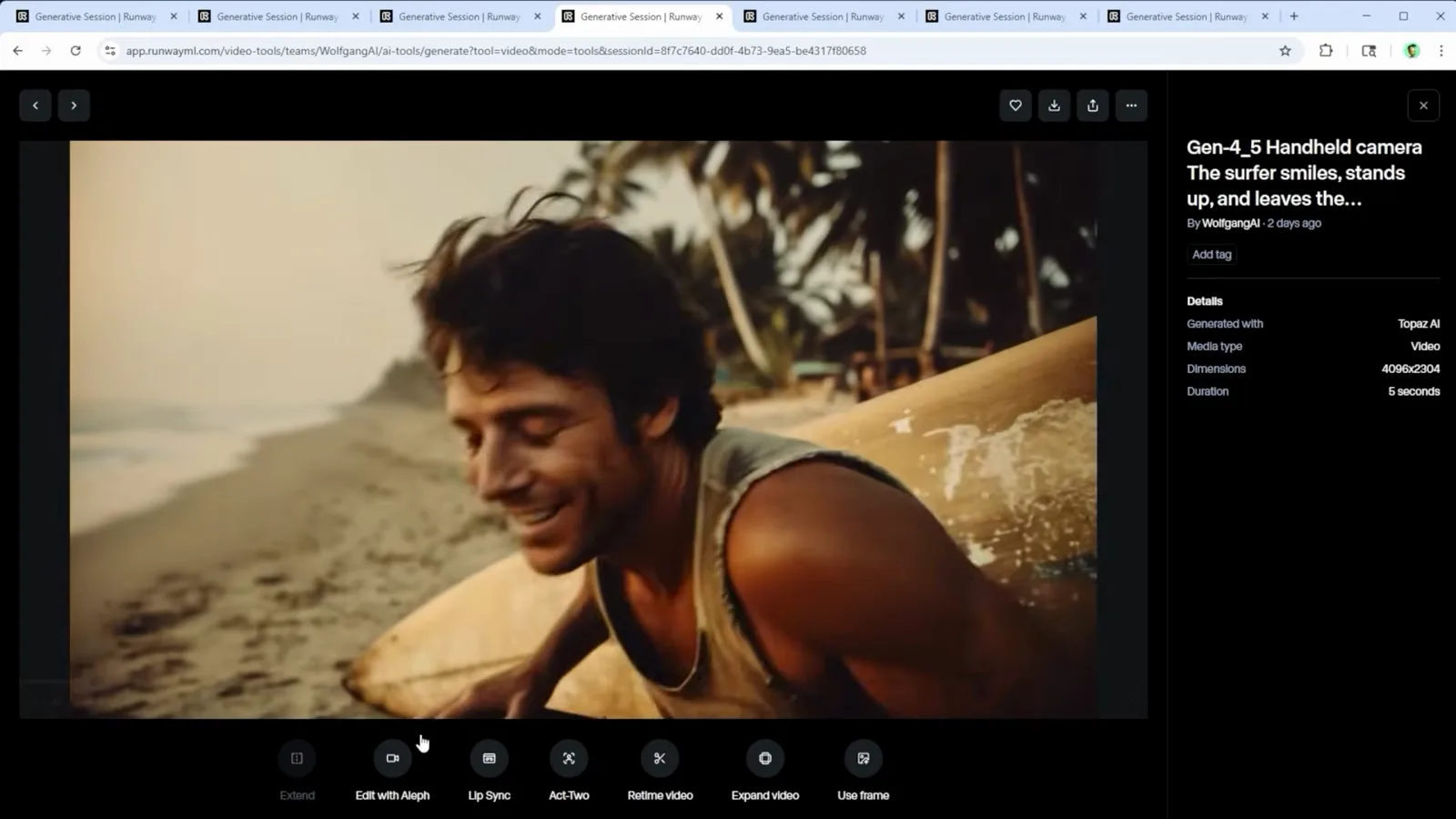 The surfer clip's detail view showing Extend, Lip Sync, Act-Two, Retime video, and other Runway toolbar actions
