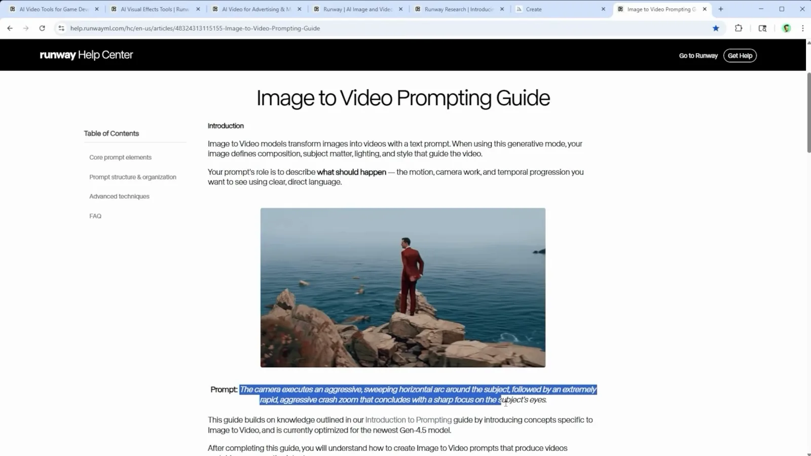 Runway's Image to Video Prompting Guide with the sweeping arc and crash zoom example prompt highlighted