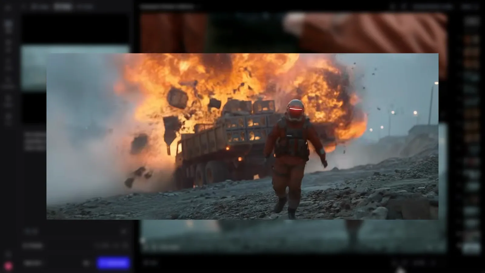 A sequential prompt about a walking character and an exploding truck beside the fiery result in Runway