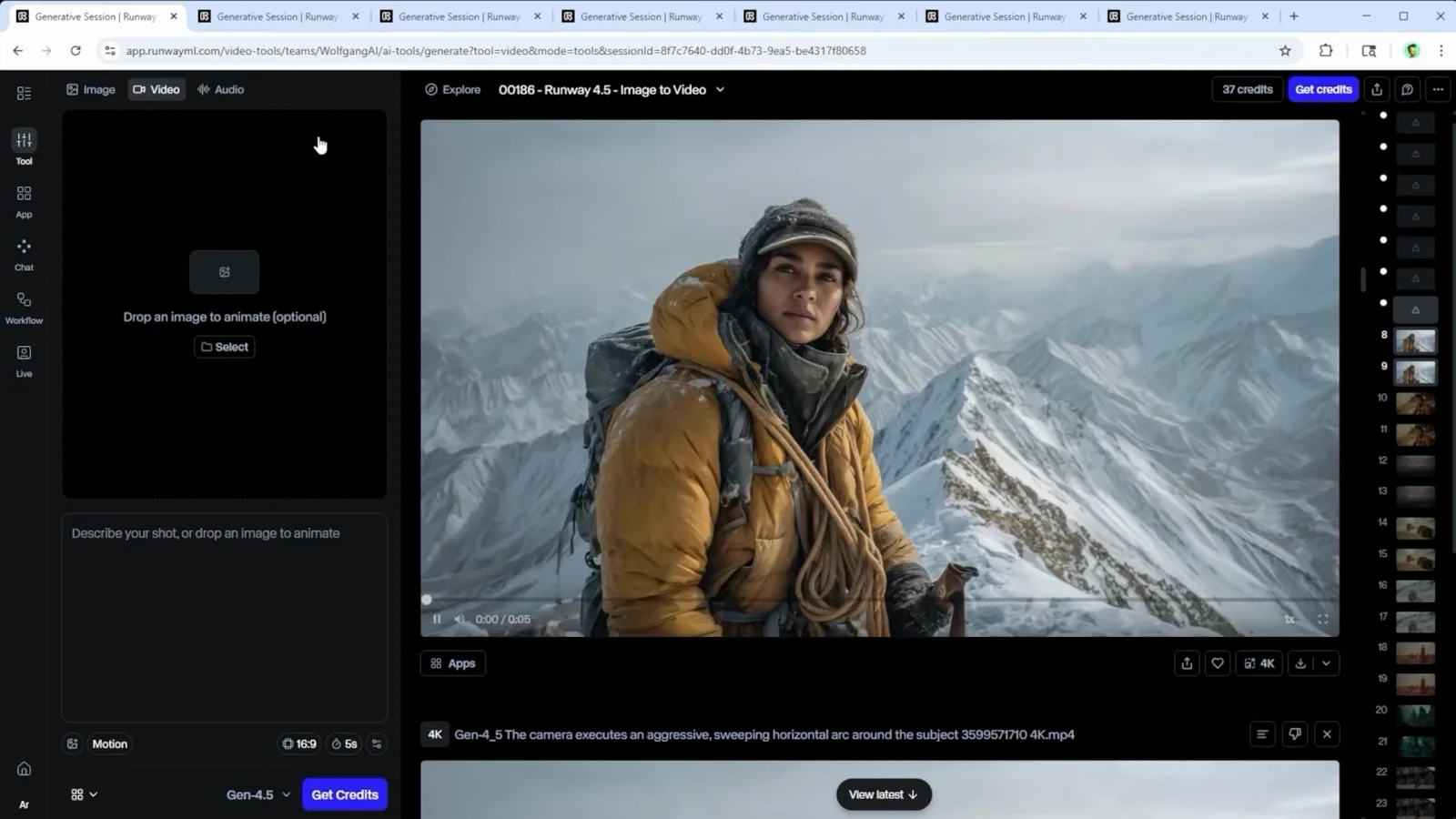 A mountaineer clip playing in Runway under a filename showing the sweeping horizontal arc prompt