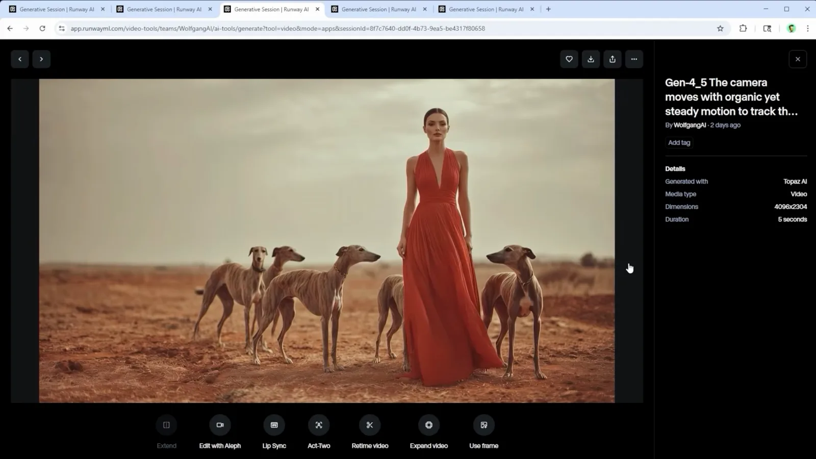 A woman in a red dress with five greyhounds tracked by an organic steady camera prompt in Runway