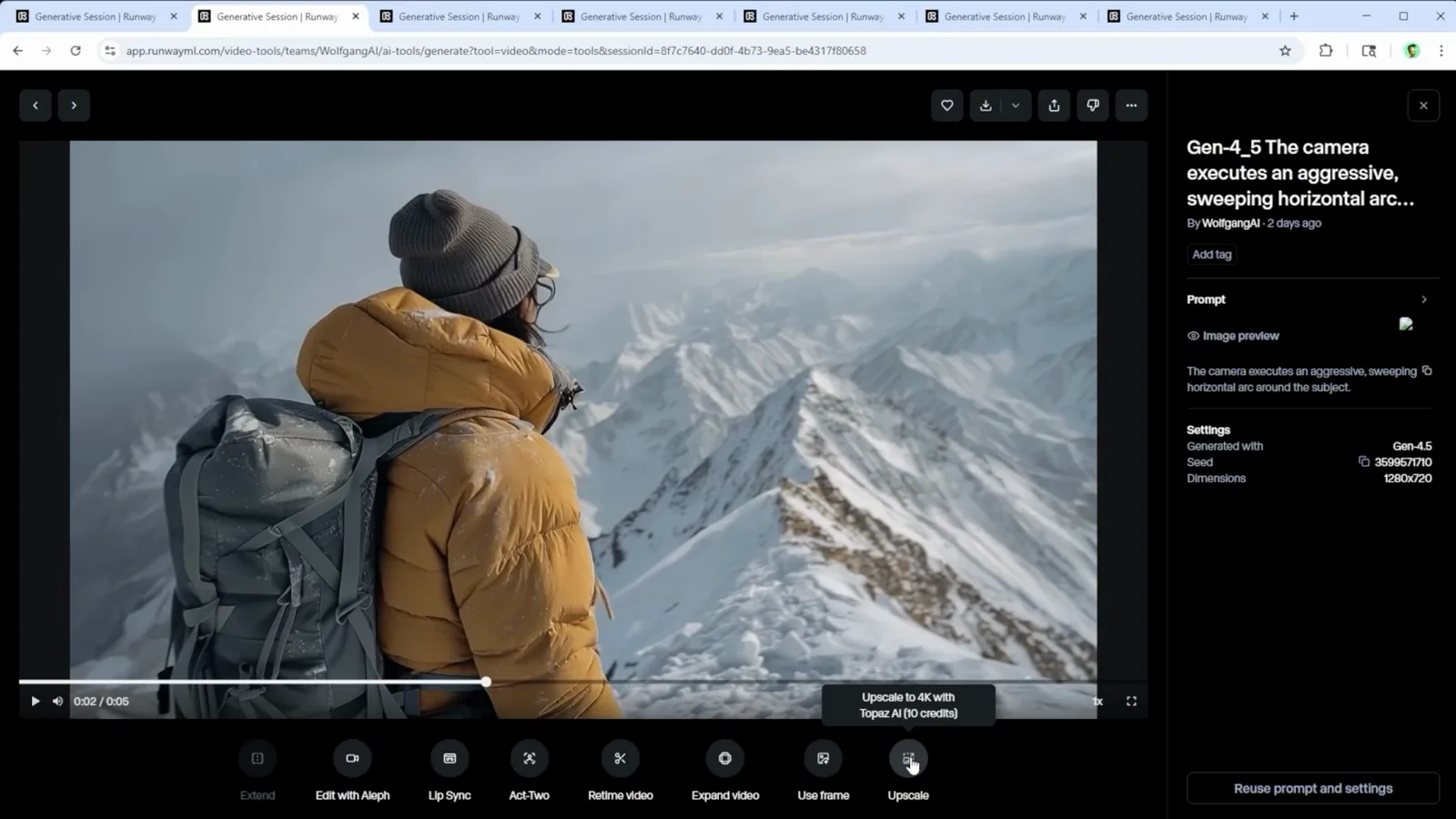 Runway's tooltip reading 'Upscale to 4K with Topaz AI (10 credits)' hovering over the Upscale button