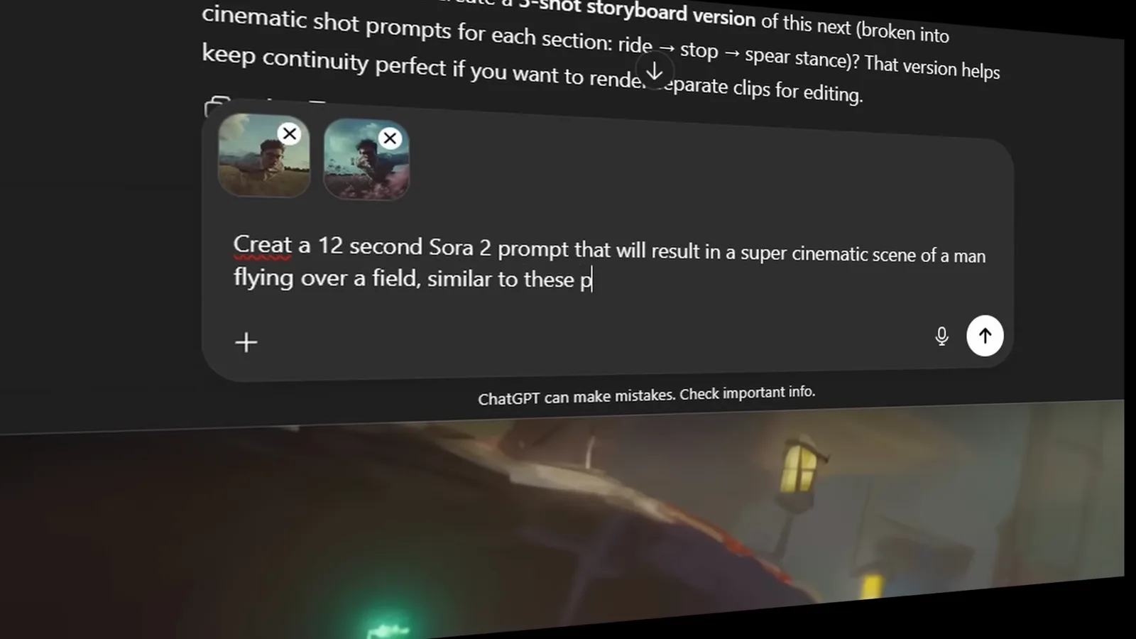 ChatGPT thread offering a 3-shot storyboard version while a 12-second Sora 2 prompt brief about a man flying over a field is being typed