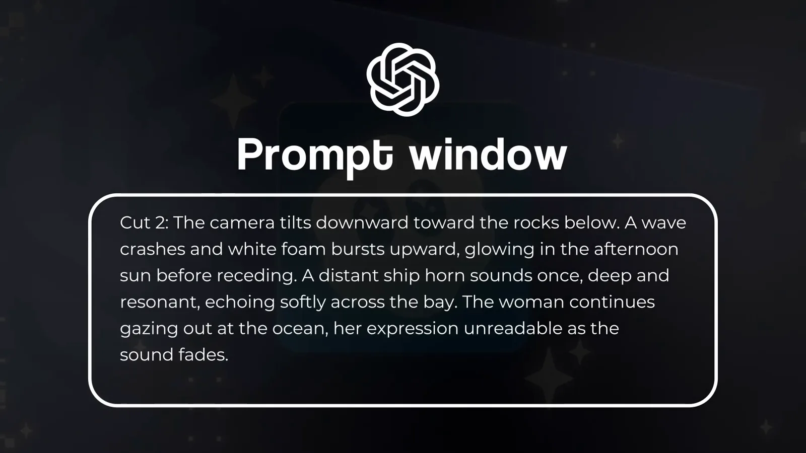 Cut 2 block of a Sora 2 cut-based prompt directing the camera down toward crashing rocks while a distant ship horn sounds once