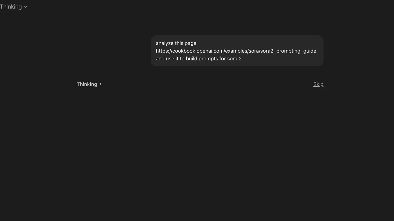 ChatGPT composer with the instruction to analyze the OpenAI cookbook page for sora2 prompting and use it to build Sora 2 prompts