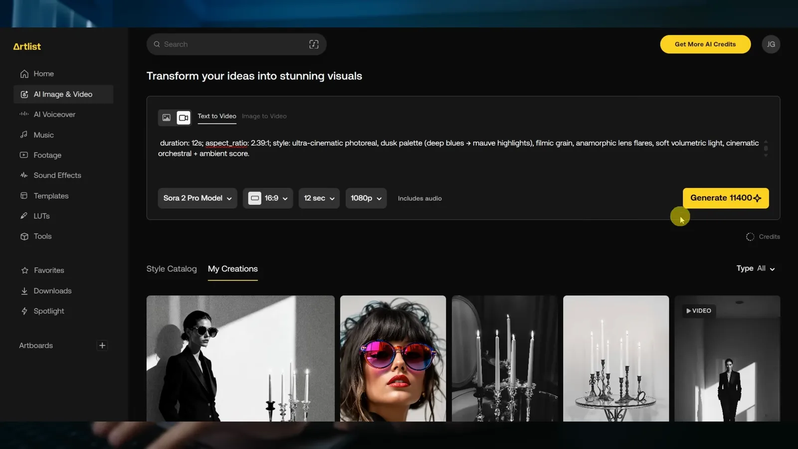 Artlist text-to-video generator loaded with a dusk-field Sora 2 prompt and the Sora 2 Pro model set to 16:9, 12 seconds and 1080p