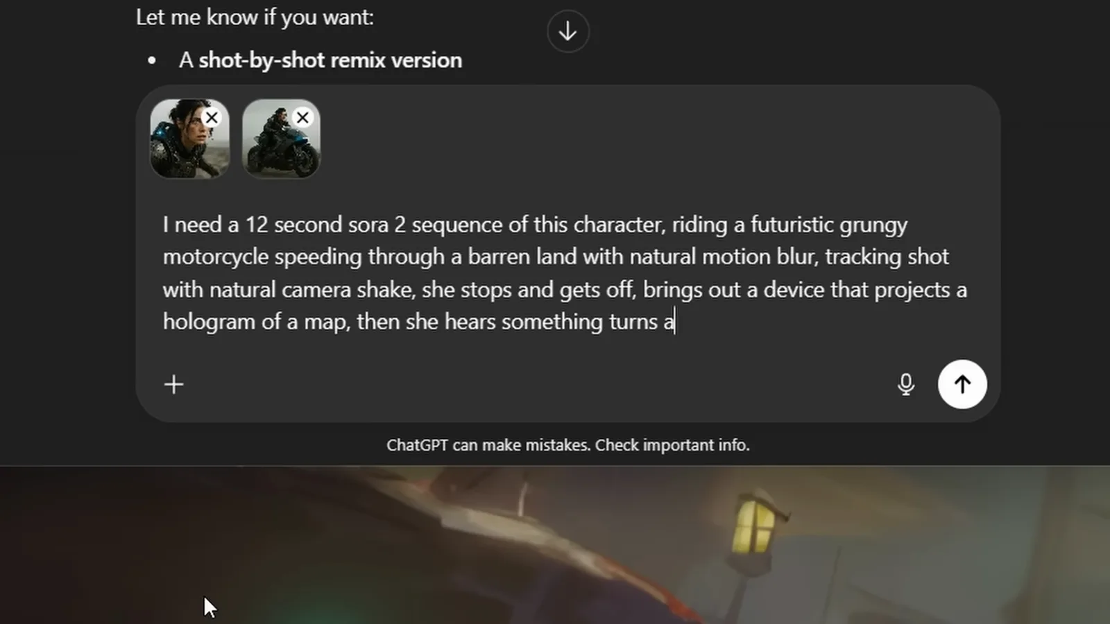 ChatGPT follow-up suggesting a shot-by-shot remix version above a 12-second Sora 2 motorcycle sequence brief with two reference thumbnails