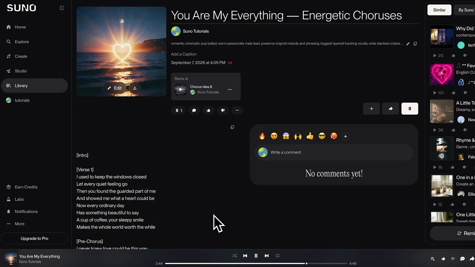 Suno v6 result page You Are My Everything — Energetic Choruses showing a remix of Chorus Idea 8 that preserves the original melody and phrasing