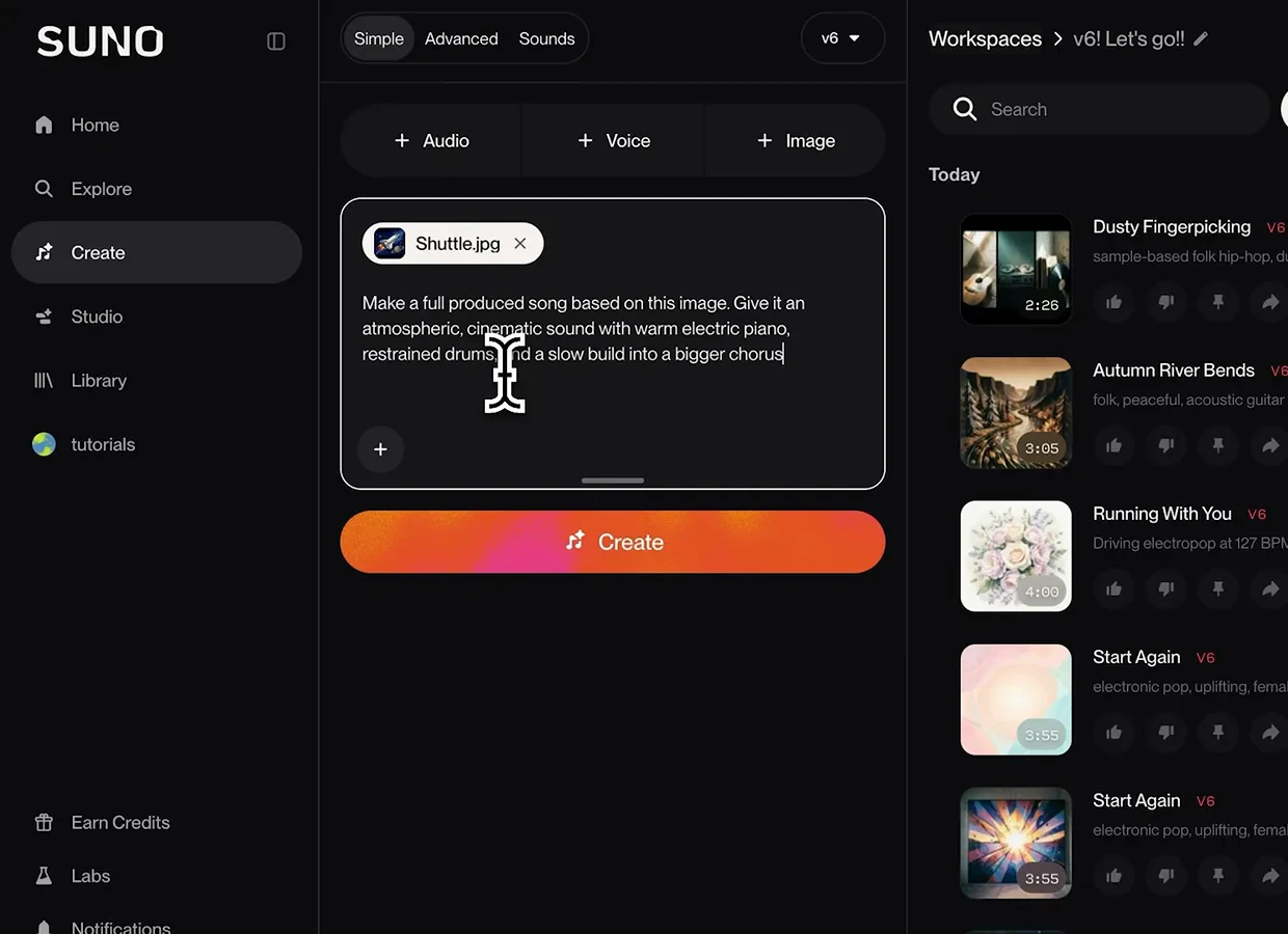 Suno v6 prompt box with a Shuttle.jpg image chip and instructions for a full produced song with an atmospheric cinematic sound and a slow build into a bigger chorus