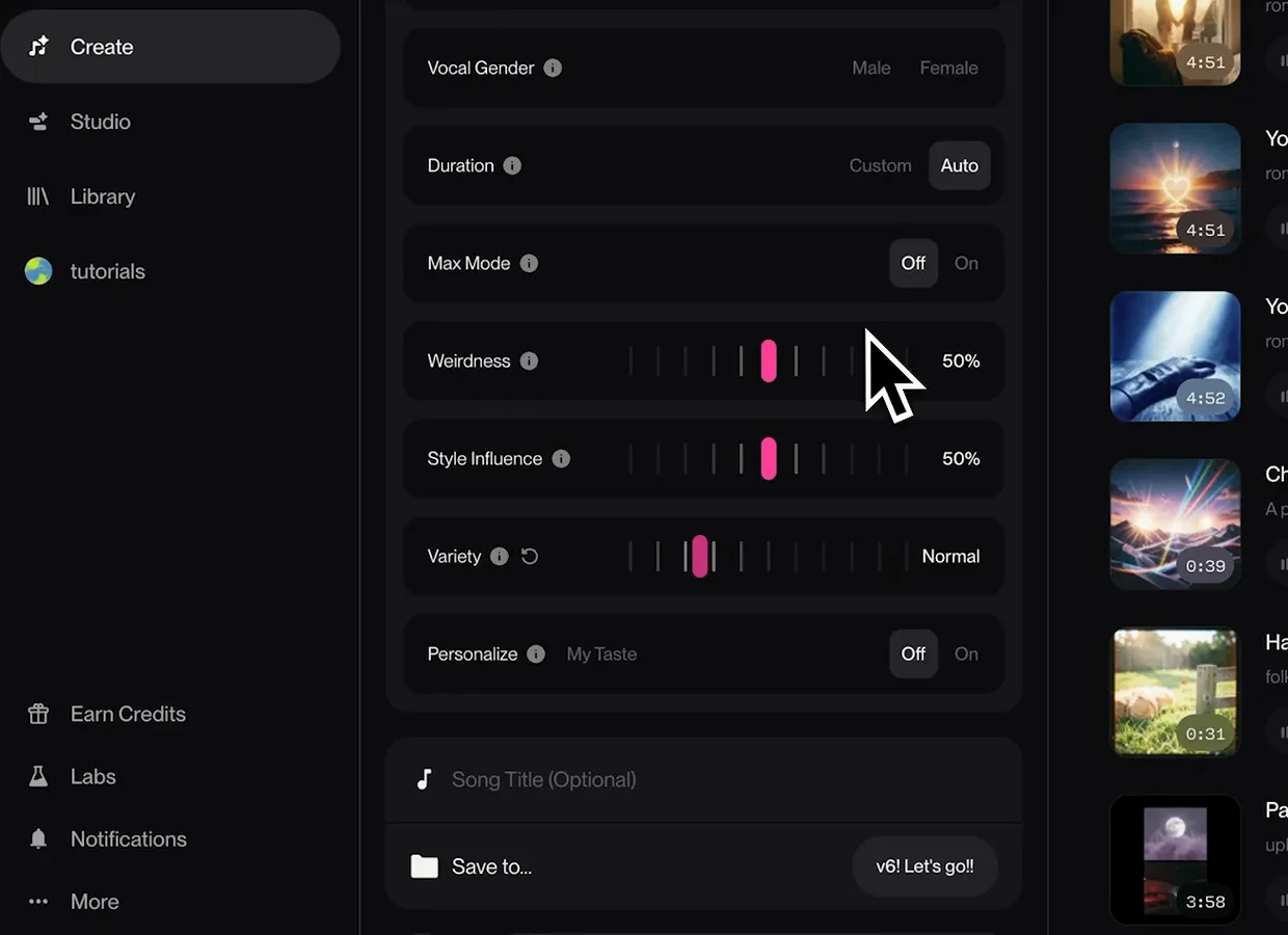 Suno v6 More Options drawer showing Max Mode next to Vocal Gender, Duration, Weirdness, Style Influence, Variety and Personalize My Taste