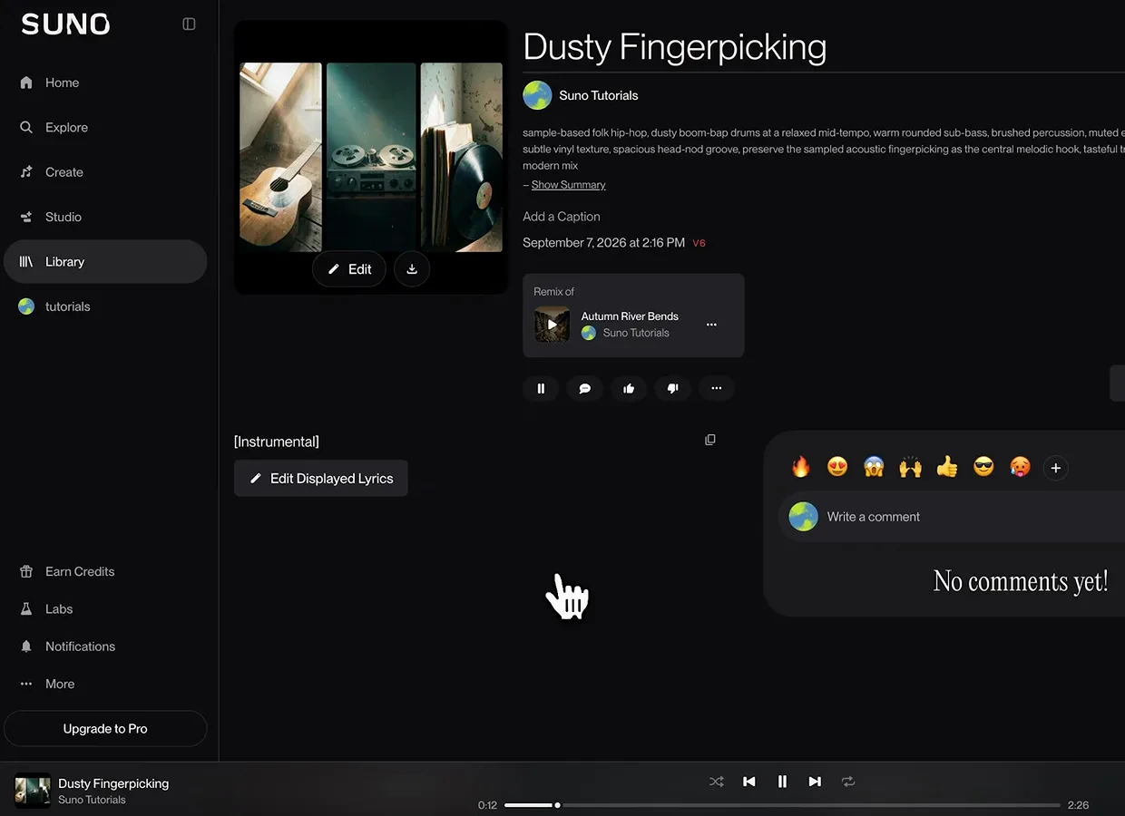 Suno v6 result page Dusty Fingerpicking credited as a remix of Autumn River Bends with an Instrumental tag and a sample-based folk hip-hop style description