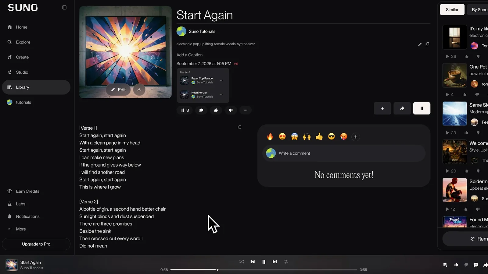 Suno v6 result page Start Again credited as a remix of Paper Cup Parade and Neon Horizon with the style line electronic pop, uplifting, female vocals, synthesizer