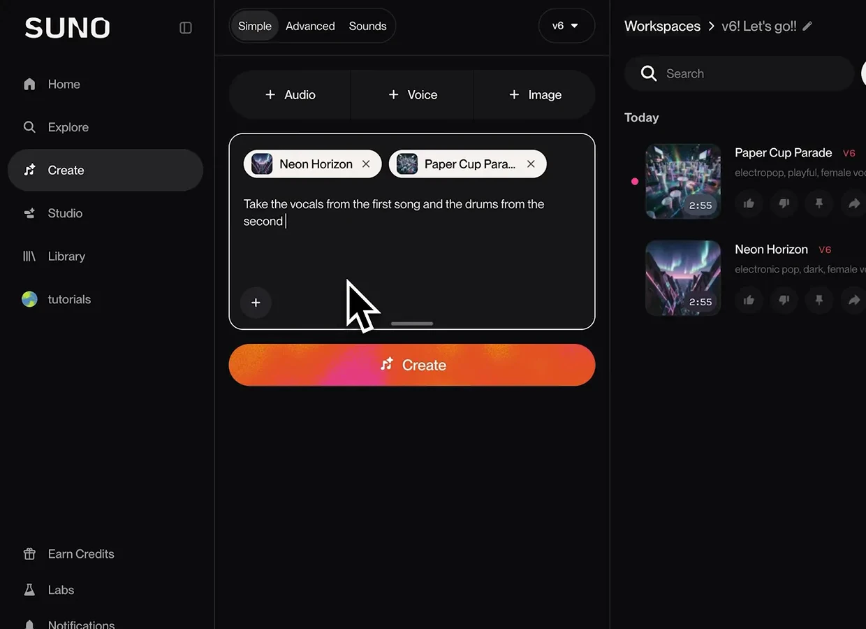 Suno v6 Simple-mode prompt attaching Neon Horizon and Paper Cup Parade chips to take the vocals from the first song and the drums from the second