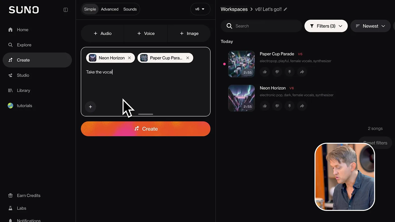 Suno v6 song page for Neon Horizon showing the v6 badge next to the release date above structured Verse and Chorus lyrics