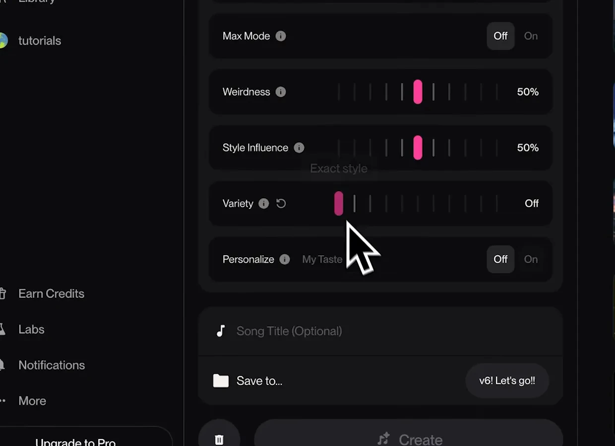 Suno v6 More Options drawer with Variety switched Off showing the Exact style tooltip for prompts that must stick to the entered style