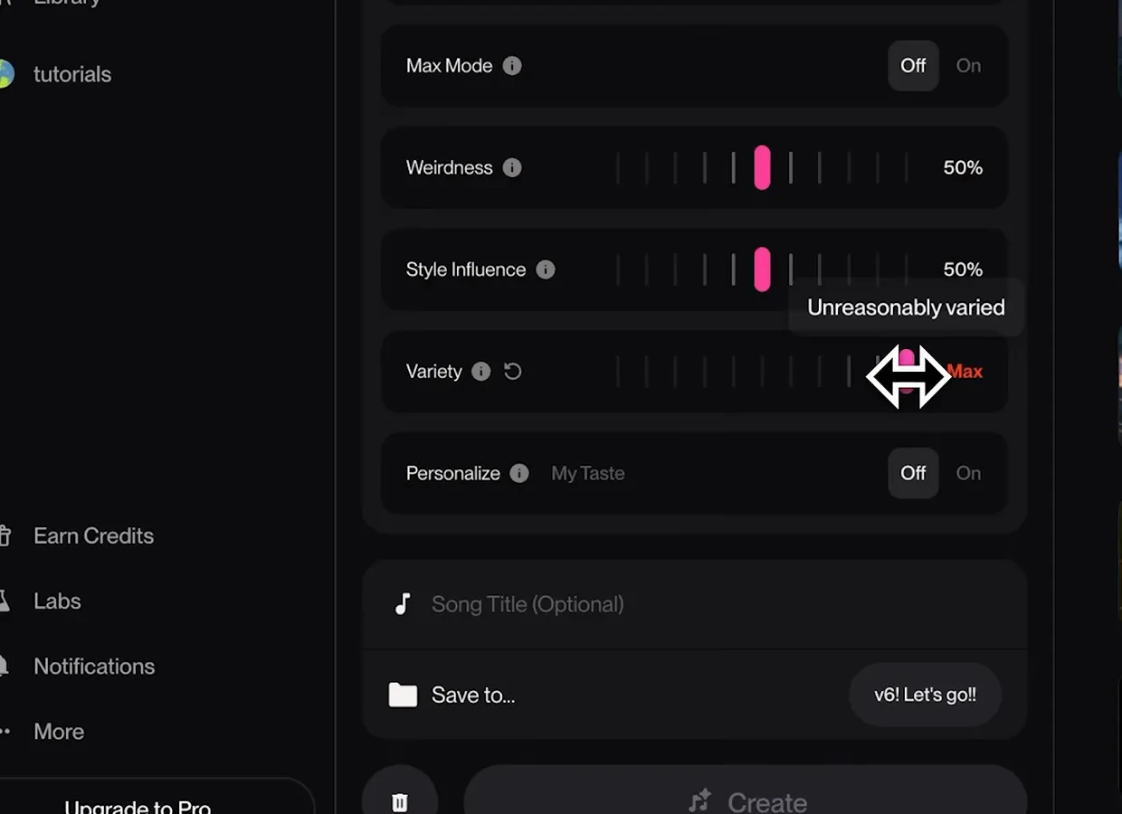 Suno v6 More Options drawer with the Variety slider dragged to Max and the Unreasonably varied tooltip showing next to Weirdness and Style Influence at 50 percent
