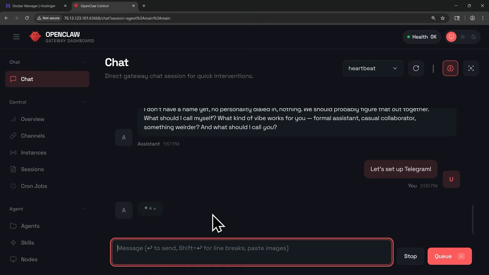 OpenClaw dashboard chat where a user types let's set up Telegram and the assistant asks who should name whom