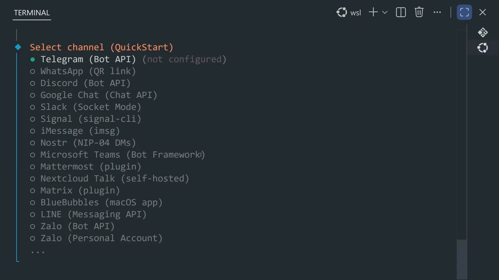 OpenClaw onboarding terminal showing the select channel list with Telegram, WhatsApp, Discord, Slack, Signal and iMessage options