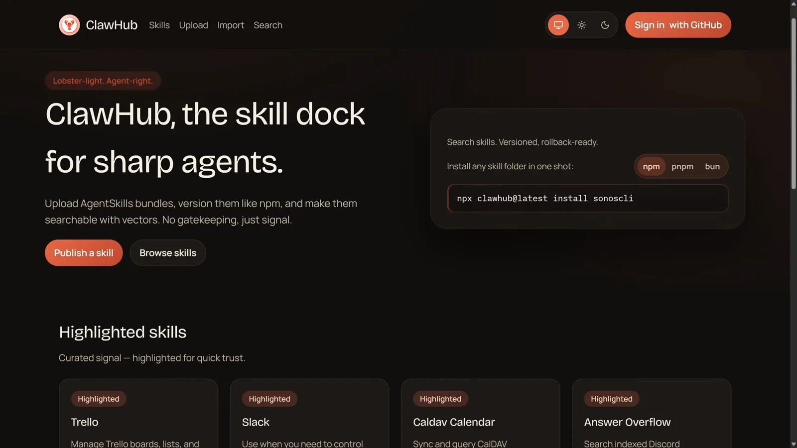 ClawHub website calling itself the skill dock for sharp agents with highlighted Trello and Slack skills