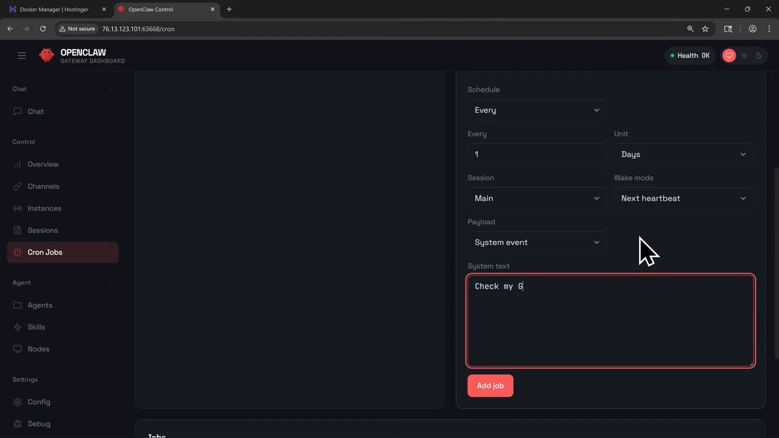 OpenClaw dashboard cron jobs form scheduling a daily Gmail and Google Calendar summary as a system event