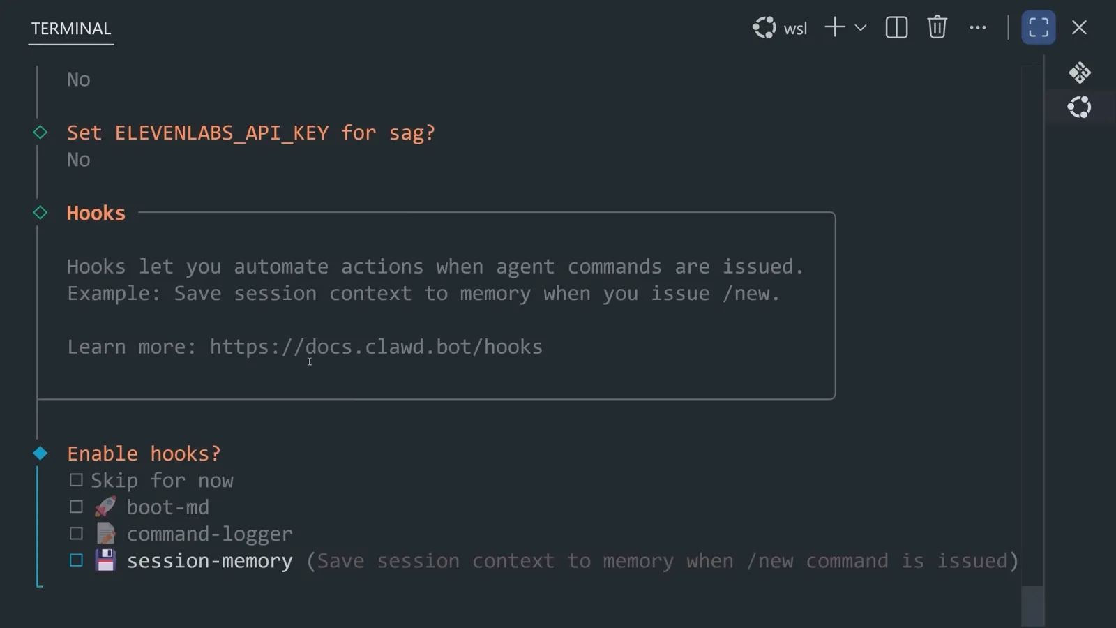 OpenClaw onboarding terminal at the enable hooks step with the session-memory hook selected