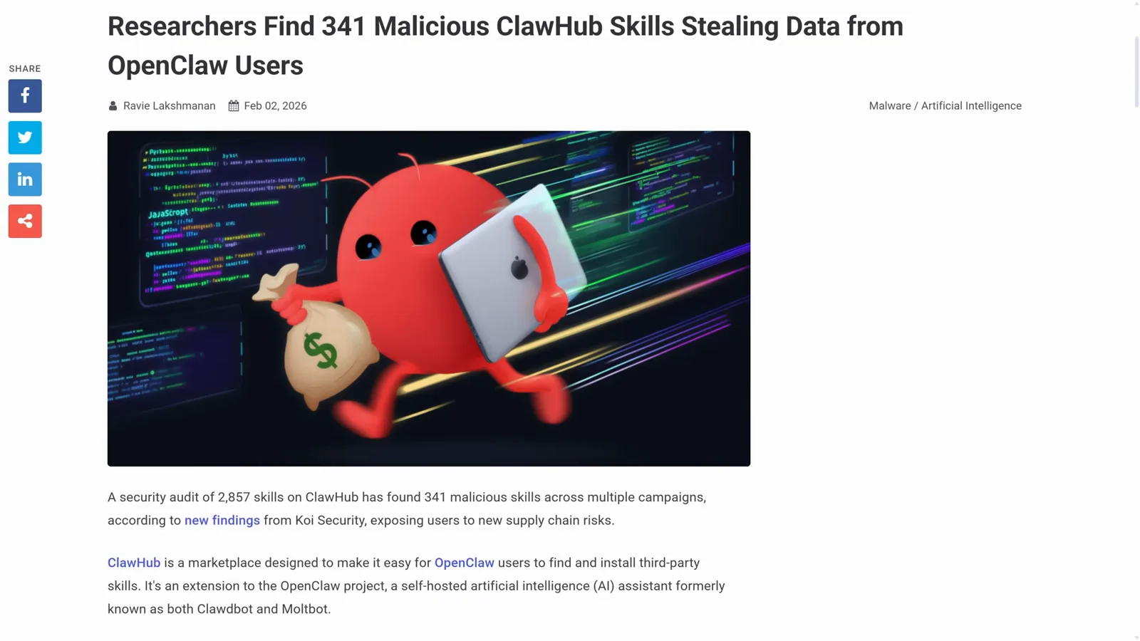 Security article reporting 341 malicious ClawHub skills found stealing data from OpenClaw users