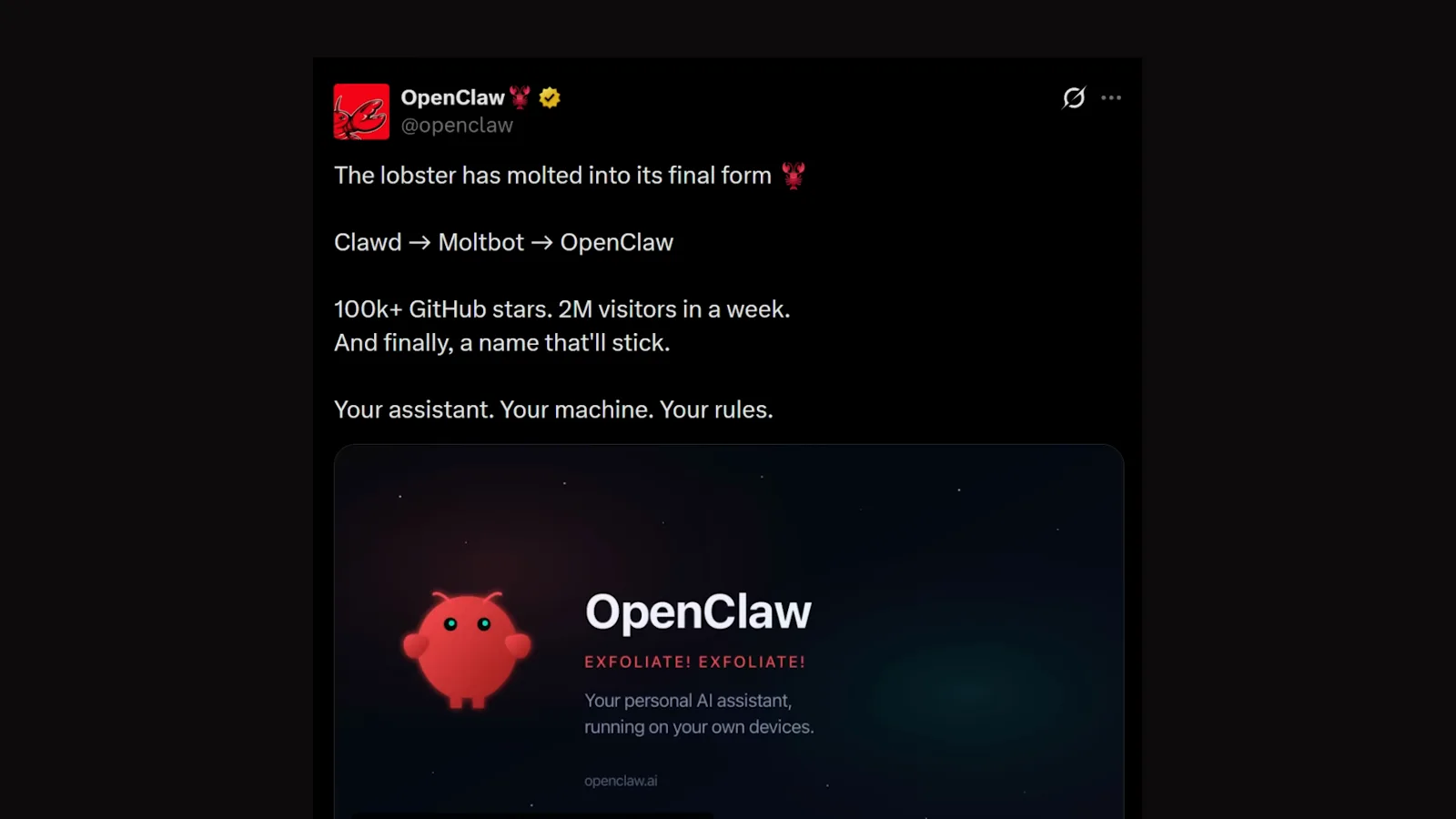 OpenClaw announcement post on X reading the lobster has molted into its final form with the Clawd Moltbot OpenClaw rename history
