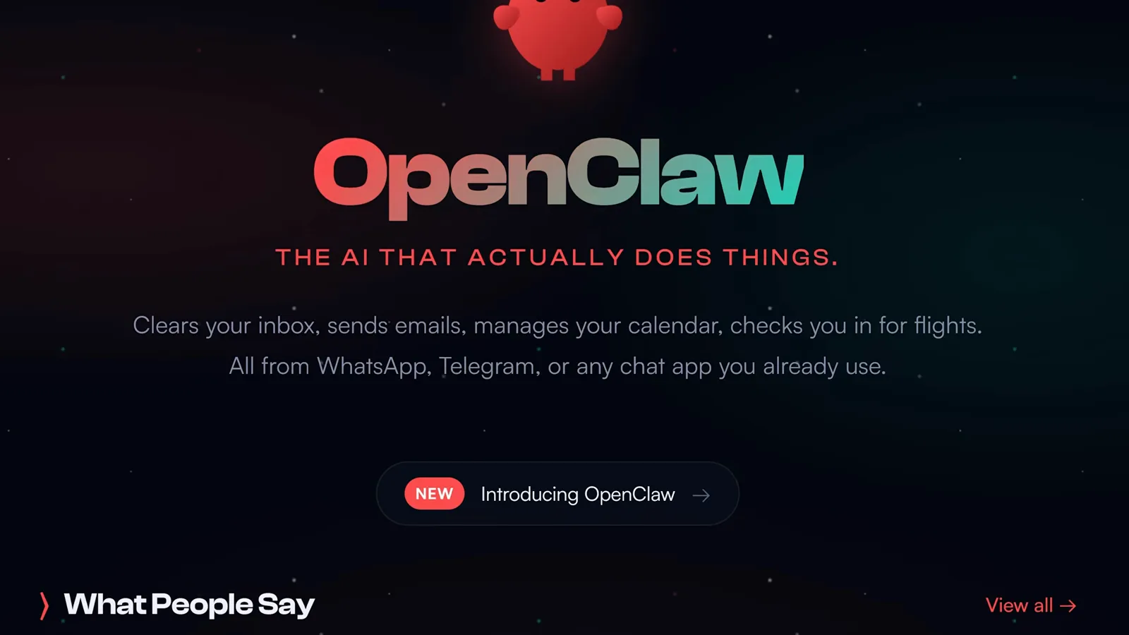 OpenClaw site banner reading the AI that actually does things, listing inbox, email, calendar and flight tasks over WhatsApp and Telegram