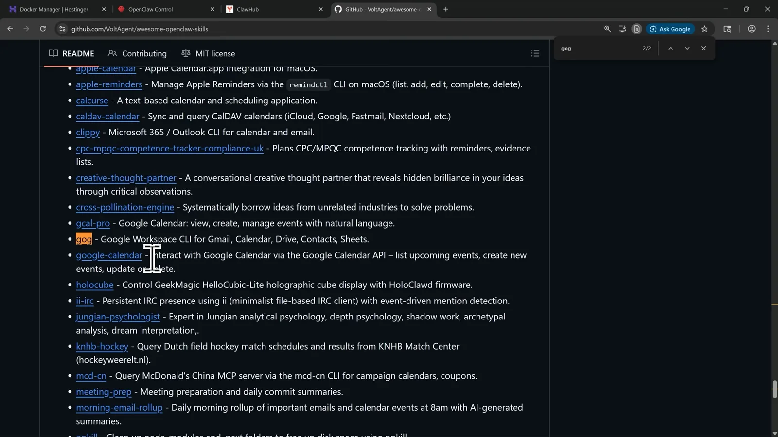 Awesome OpenClaw Skills GitHub README listing community markdown skills such as google-calendar and morning-email-rollup